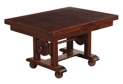 FRENCH MAHOGANY DRAW LEAF DINING TABLE WITH CIRCULAR DESIGN IN THE MANNER OF CHARLES DUDOUYT C