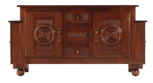 FRENCH MAHOGANY SIDEBOARD IN THE MANNER OF CHARLES DUDOUYT HAVING DOORS ON EITHER SIDE AND BRASS