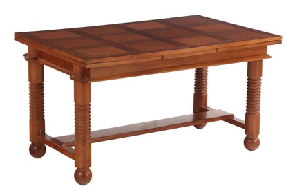 FRENCH MAHOGANY DRAW LEAF DINING TABLE C 1940 HAVING TURNED LEGS, BALL FEET AND TWO LEAVES IN