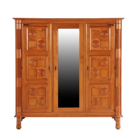 THREE DOOR FRENCH MAHOGANY CABINET IN THE MANNER OF DUDOUYT C 1940 HAVING GEOMETRIC MOTIFS AND