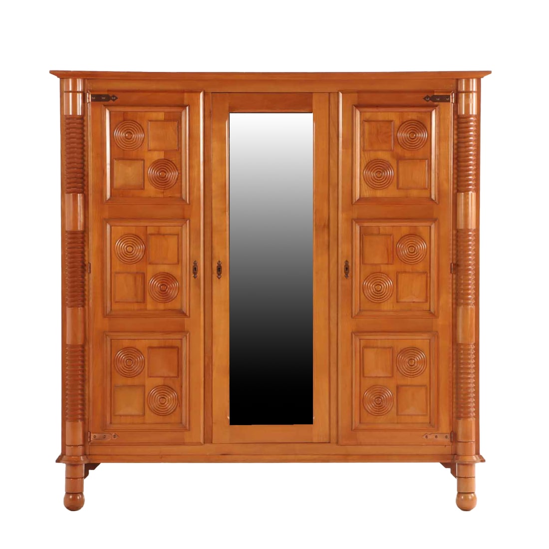 THREE DOOR FRENCH MAHOGANY CABINET IN THE MANNER OF DUDOUYT C 1940 HAVING GEOMETRIC MOTIFS AND (1 of 7)