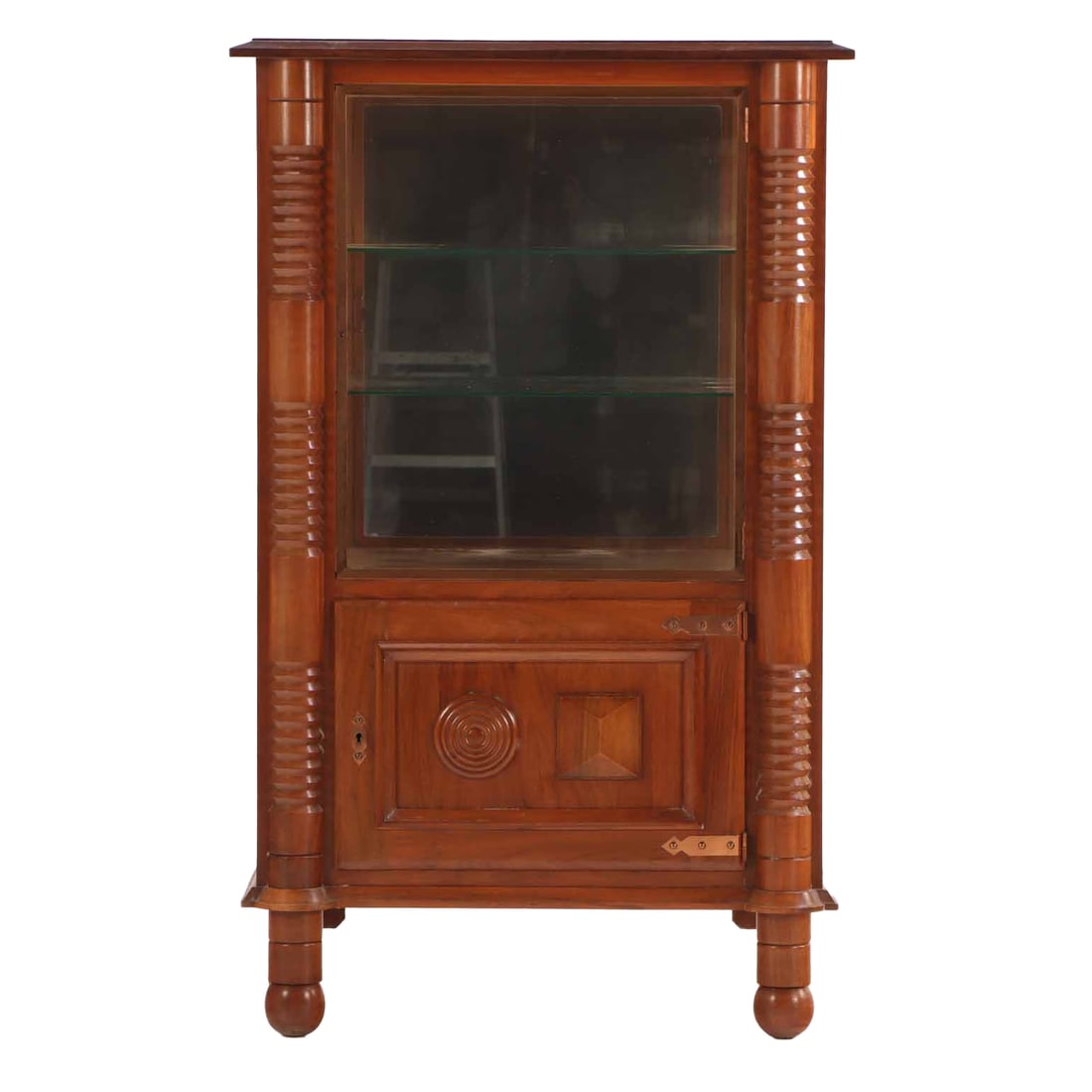 FRENCH MAHOGANY CABINET HAVING TURNED AND GEOMETRIC ELEMENTS IN THE MANNER OF CHARLES: French mahogany cabinet having turned and geometric elements in the manner of Charles Dudouyt C 1940. Sliding glass doors optional. Ht: 57.25" Wd: 35.5" Dpth: 19.5"