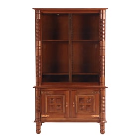 FRENCH MAHOGANY CABINET HAVING TURNED AND GEOMETRIC ELEMENTS IN THE MANNER OF CHARLES