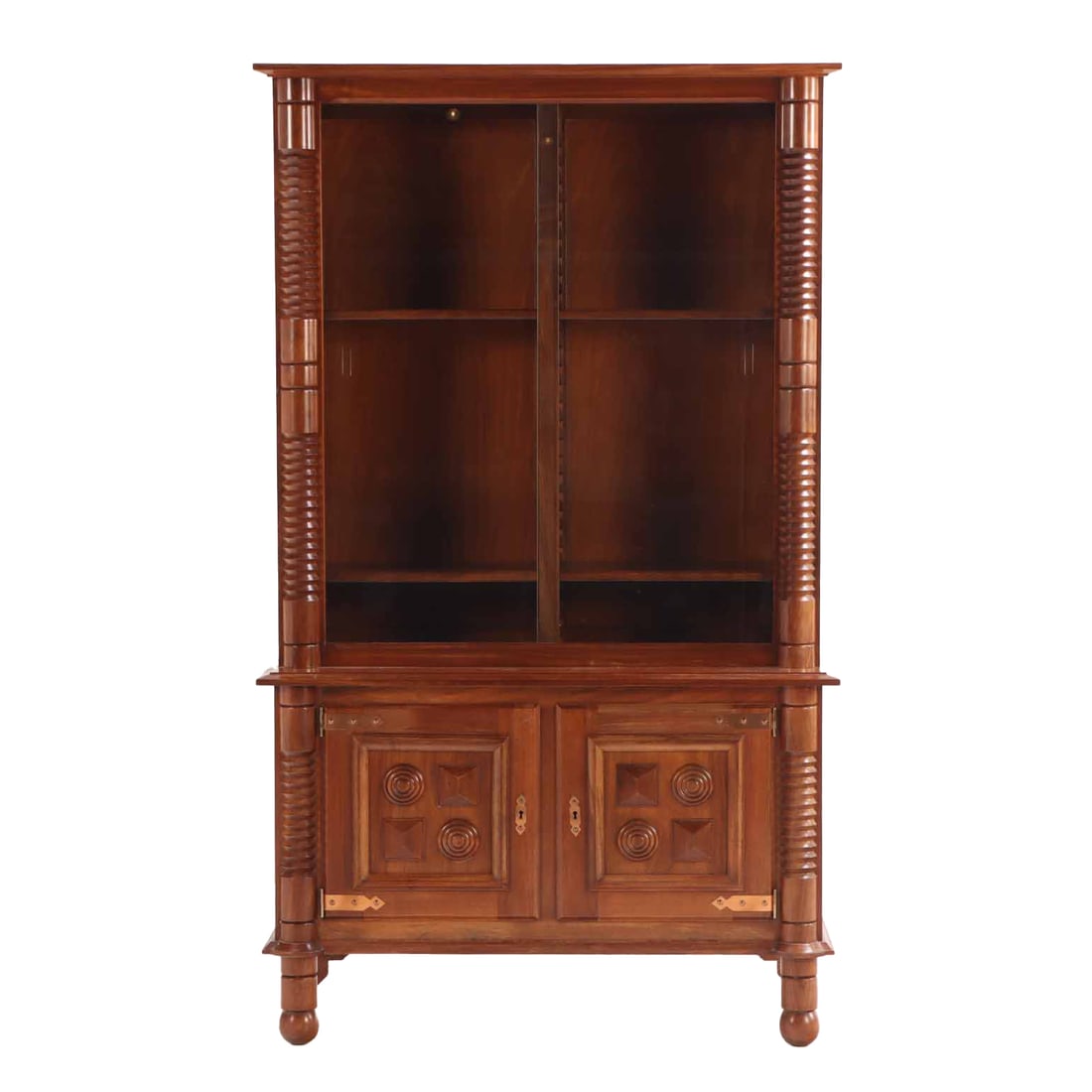 FRENCH MAHOGANY CABINET HAVING TURNED AND GEOMETRIC ELEMENTS IN THE MANNER OF CHARLES: French mahogany cabinet having turned and geometric elements in the manner of Charles Dudouyt C 1940. Sliding glass doors optional. Ht: 73" Wd: 43.5" Dpth: 18"