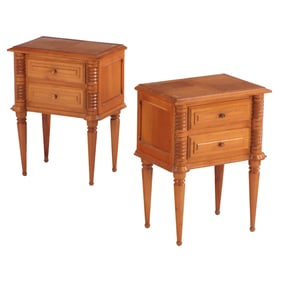 PAIR FRENCH MAHOGANY END TABLES OR NIGHT STANDS HAVING TURNED AND GEOMETRIC ELEMENTS IN THE MANNER
