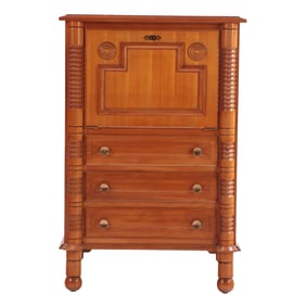 FRENCH MAHOGANY FALL FRONT DESK HAVING TURNED AND GEOMETRIC ELEMENTS IN THE MANNER OF CHARLES