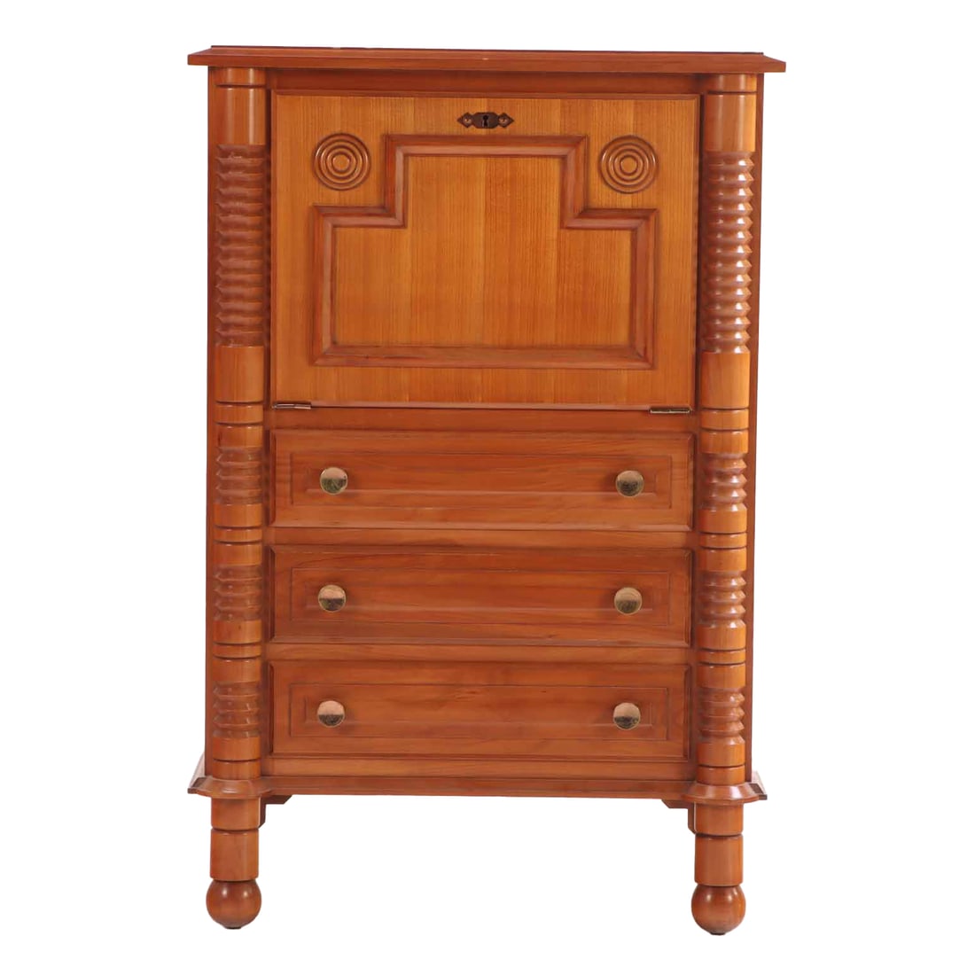 FRENCH MAHOGANY FALL FRONT DESK HAVING TURNED AND GEOMETRIC ELEMENTS IN THE MANNER OF CHARLES (1 of 8)