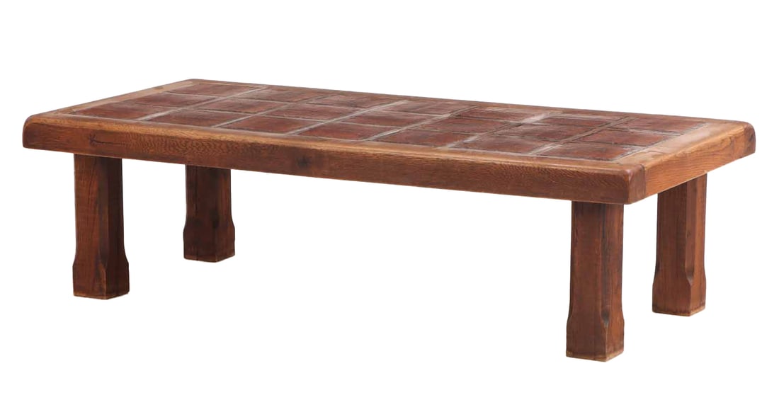 FRENCH BRUTALIST STYLE OAK AND TILE COFFEE TABLE C 1950. (1 of 6)