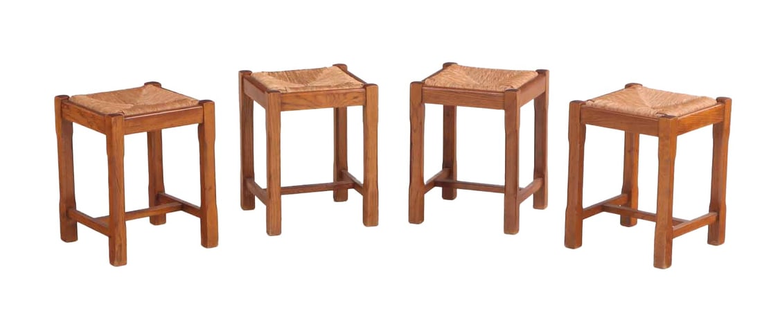 FOUR FRENCH OAK AND RUSH STOOLS HAVING CHAMFERED CORNERS C 1960. (1 of 5)