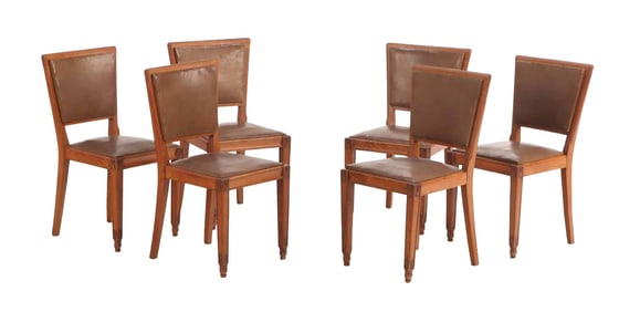 SIX FRENCH OAK DINING CHAIRS IN THE MANNER OF CHARLES DUDOUYT C 1940;