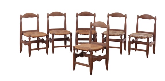 SIX FRENCH OAK DINING CHAIRS BY GUILLERME ET CHAMBRON C 1960.