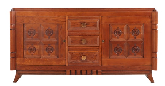 FRENCH OAK SIDEBOARD HAVING TWO DOORS AND THREE DRAWERS WITH GEOMETRIC MOTIFS IN THE MANNER OF