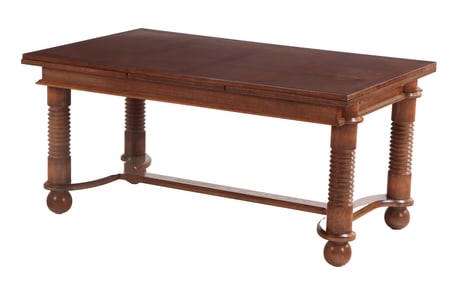 FRENCH OAK DINING TABLE WITH TURNED ELEMENTS ON BALL FEET WITH TWO LEAVES IN THE MANNER OF CHARLES