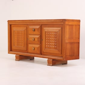 FRENCH LIGHT OAK SIDEBOARD HAVING A CHECKERBOARD DESIGN IN THE MANNER OF CHARLES DUDOUYT C 1940.