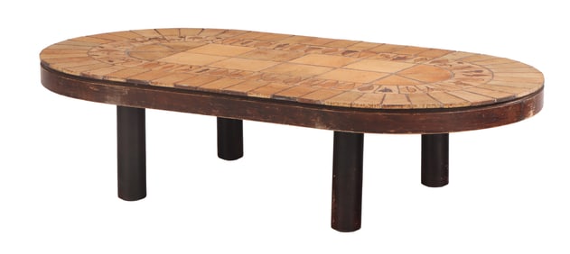 FRENCH OBLONG TILE TOP COFFEE TABLE C 1970 SIGNED R. CAPRON.