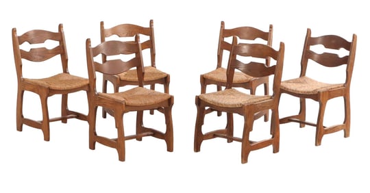 SIX BELGIAN OAK BRUTALIST STYLE DINING ROOM CHAIRS C 1960.