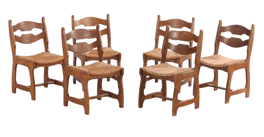 SIX BELGIAN OAK BRUTALIST STYLE DINING ROOM CHAIRS C 1960. (1 of 7)