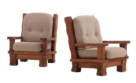 PAIR LARGE AND HEAVY BELGIAN OAK ARM CHAIRS WITH LOOSE CUSHIONS C 1960 CONSTRUCTED FROM VERY THICK
