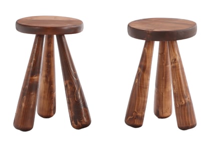 PAIR OF WOODEN THREE LEG STOOLS IN THE MANNER OF INGVAR HILDINGSSON.