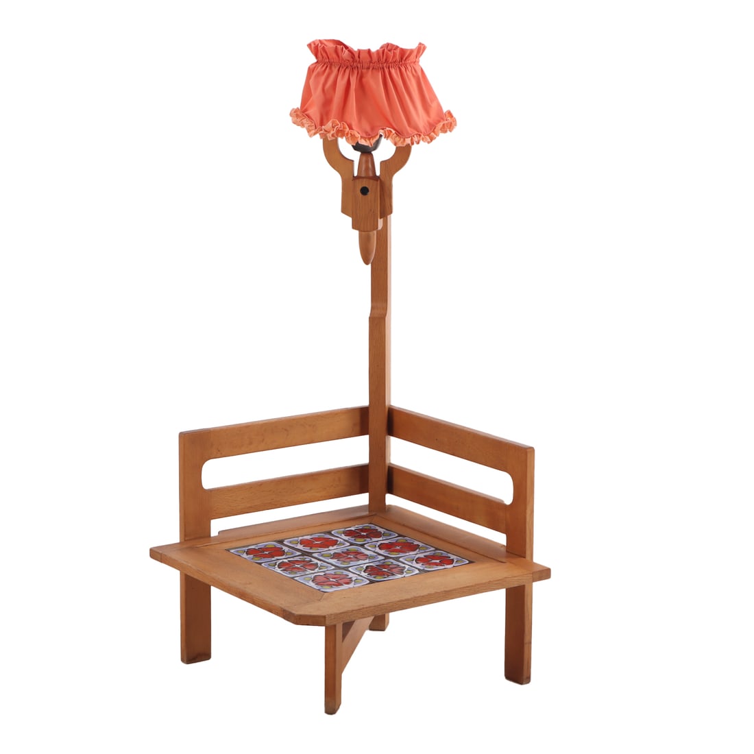 FRENCH OAK AND TILE TABLE WITH INTEGRAL LAMP BY GUILLERME ET CHAMBRON C 1960. (1 of 7)