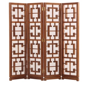 MAHOGANY FOUR PANEL ROOM DIVIDER IN THE MANNER OF JAMES MONT C 1950.