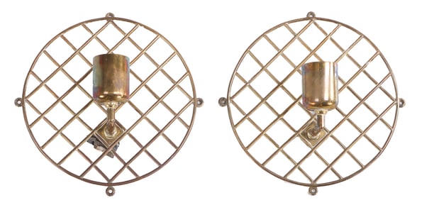 PAIR BRASS SINGLE LIGHT WALL SCONCES WITH WOVEN DESIGN C 1970.