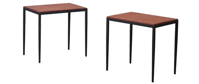 PAIR HAND STITCHED LEATHER AND IRON END TABLES IN THE MANNER OF JEAN-MICHEL FRANK.