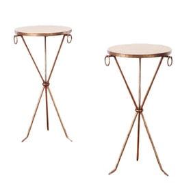 PAIR OF GILT IRON AND PARCHMENT DRINKS TABLES WITH RING DECORATION.