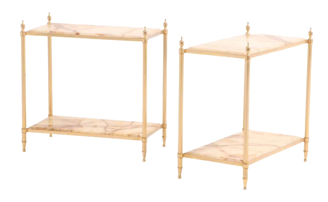 PAIR FRENCH BRASS PLATED AND ONYX END TABLES IN THE MANNER OF JANSEN C 1970.: Pair French brass plated and onyx end tables in the manner of Jansen C 1970. Ht: 25" Wd: 24.75" Dpth: 13.75"