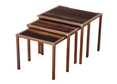 FRENCH NEST OF THREE TABLES HAVING METAL LEGS AND LACQUERED WOOD TOPS C 1970.