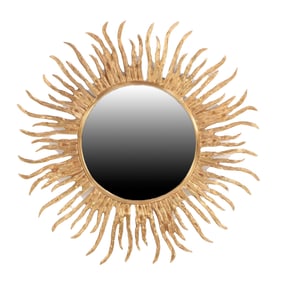 LARGE HEAVY CAST BRASS SUNBURST MIRROR WITH A BEVELED MIRROR.