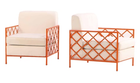 LARGE PAIR OF PAINTED IRON AND BRASS CROSILLON STYLE LOUNGE CHAIRS IN THE MANNER OF JEAN ROYERE