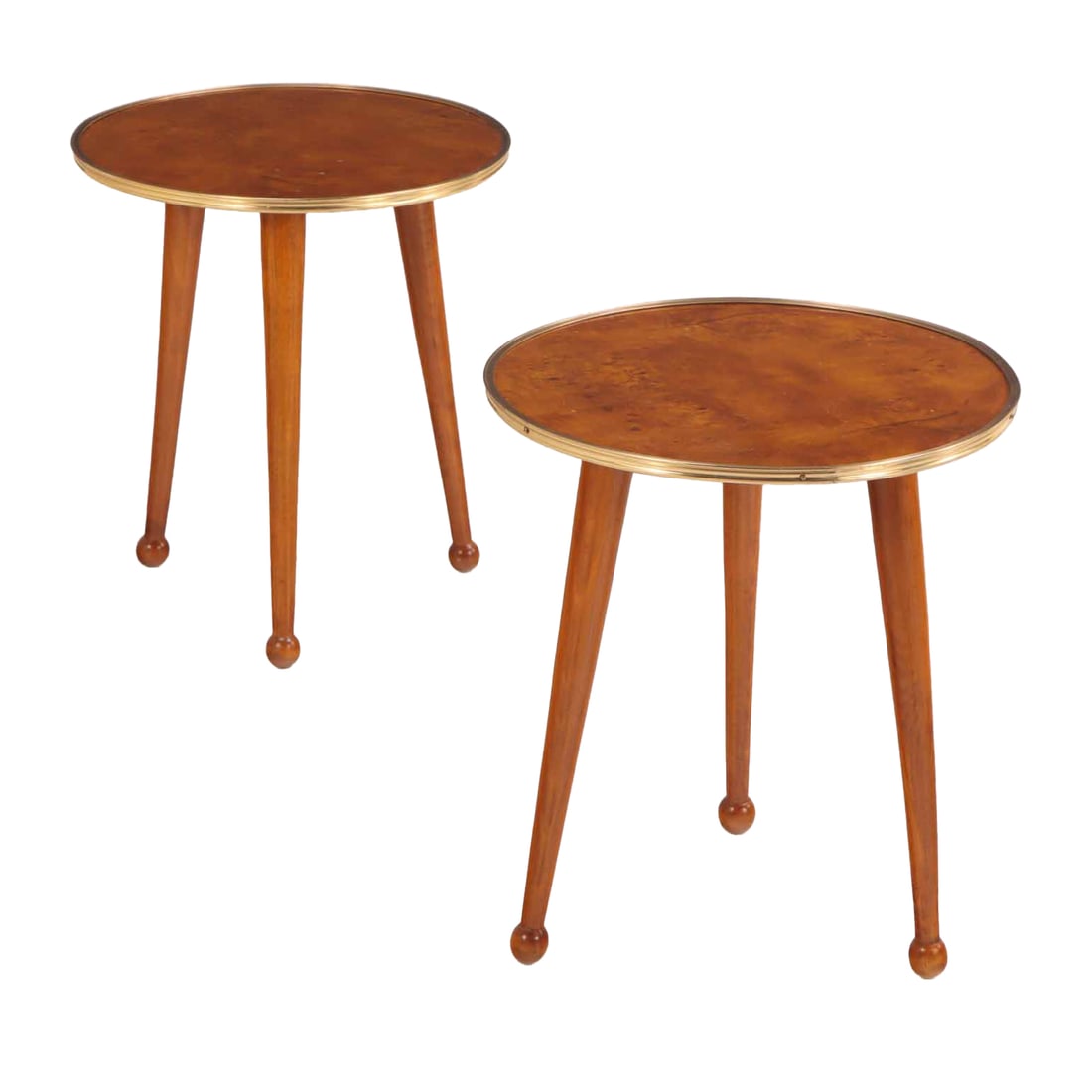 PAIR ROUND DRINKS TABLES HAVING BURLED OLIVEWOOD AND BRASS TOPS RESTING ON BALL FEET. (1 of 4)