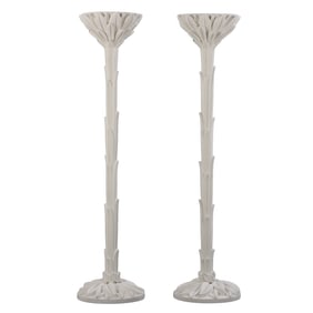 PAIR OF CARVED AND PAINTED WOOD TORCHIERES IN THE MANNER OF SERGE ROCHE.