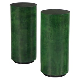 PAIR OF CIRCULAR BURL WOOD PEDESTALS HAVING A GREEN TINT FINISH.