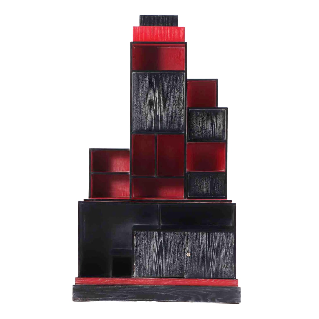 TWO PART CERUSED OAK ASYMMETRIC BOOKCASE IN THE MANNER OF PAUL FRANKL. (1 of 6)