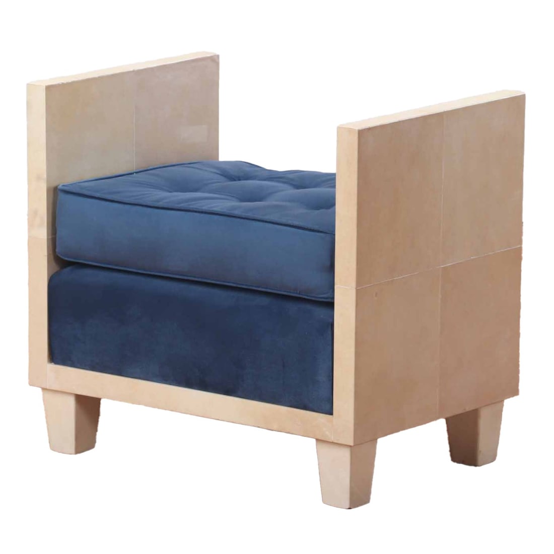 PARCHMENT COVERED BENCH IN THE MANNER OF JEAN-MICHEL FRANK HAVING NEW FABRIC. (1 of 6)