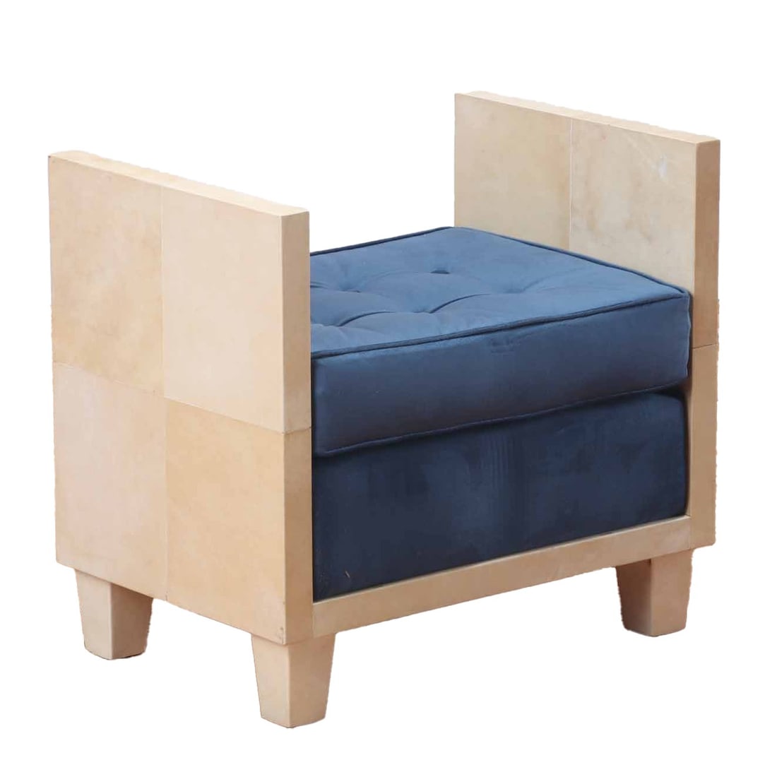 PARCHMENT COVERED BENCH IN THE MANNER OF JEAN-MICHEL FRANK HAVING NEW FABRIC. (1 of 7)