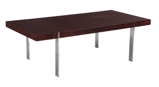 LARGE MACASSAR AND CHROME DINING TABLE C 1980. LEGS ARE REMOVABLE.