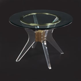 BRASS, GLASS AND LUCITE TABLE C 1980.