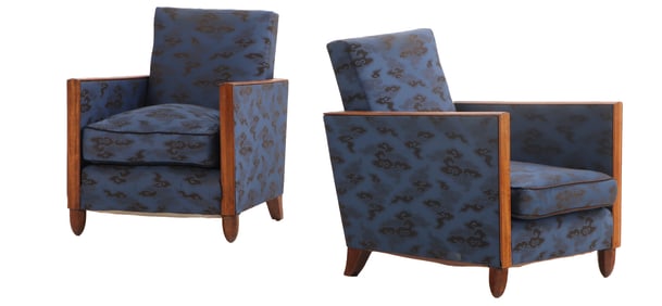 FRENCH ART DECO CLUB CHAIRS C 1940 ON MELON FORM FEET.