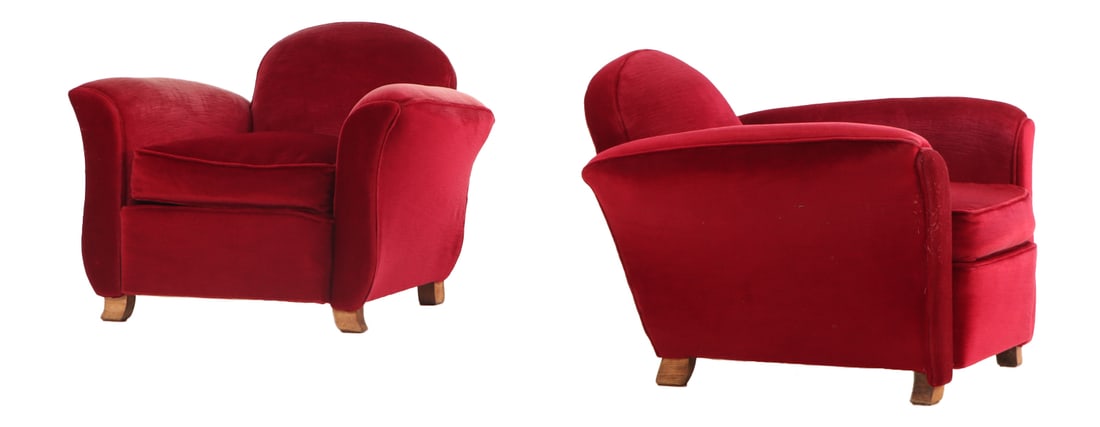 PAIR OF FRENCH ART DECO CLUB CHAIRS C 1930 IN THE MANNER OF JULES LELEU.: Pair of French Art Deco club chairs C 1930 in the manner of Jules Leleu. Ht: 26.5" Wd: 35.5" Dpth: 35" Seat: 16"