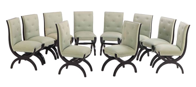 TEN ART DCO STYLE EBONIZED AND UPHOLSTERED DINING CHAIRS. THIS SET ALONG WITH ANOTHER TEN WERE