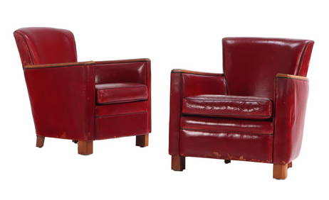 PAIR FRENCH RED LEATHER ART DECO CLUB CHAIRS WITH BLACK PIPING AND WOOD DETAILS C 1940. (1 of 7)
