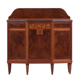 FRENCH ART NOVEAU BURL WOOD AND INLAID THREE DOOR MARBLE TOP SERVER WITH OPTIONAL BACK SPLASH C