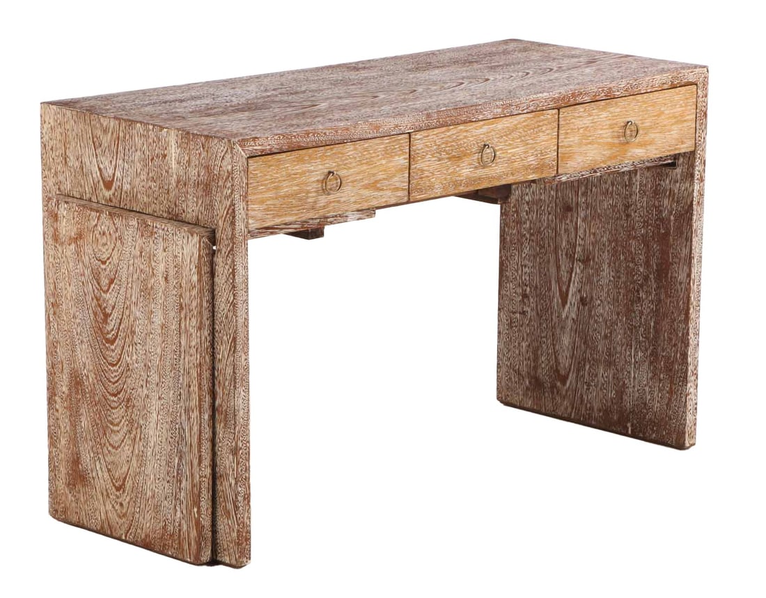 CERUSED OAK WRITING DESK HAVING THREE DRAWERS AND PULL OUT EXTENSIONS FOR ADDITIONAL SURFACE AREA. (1 of 8)