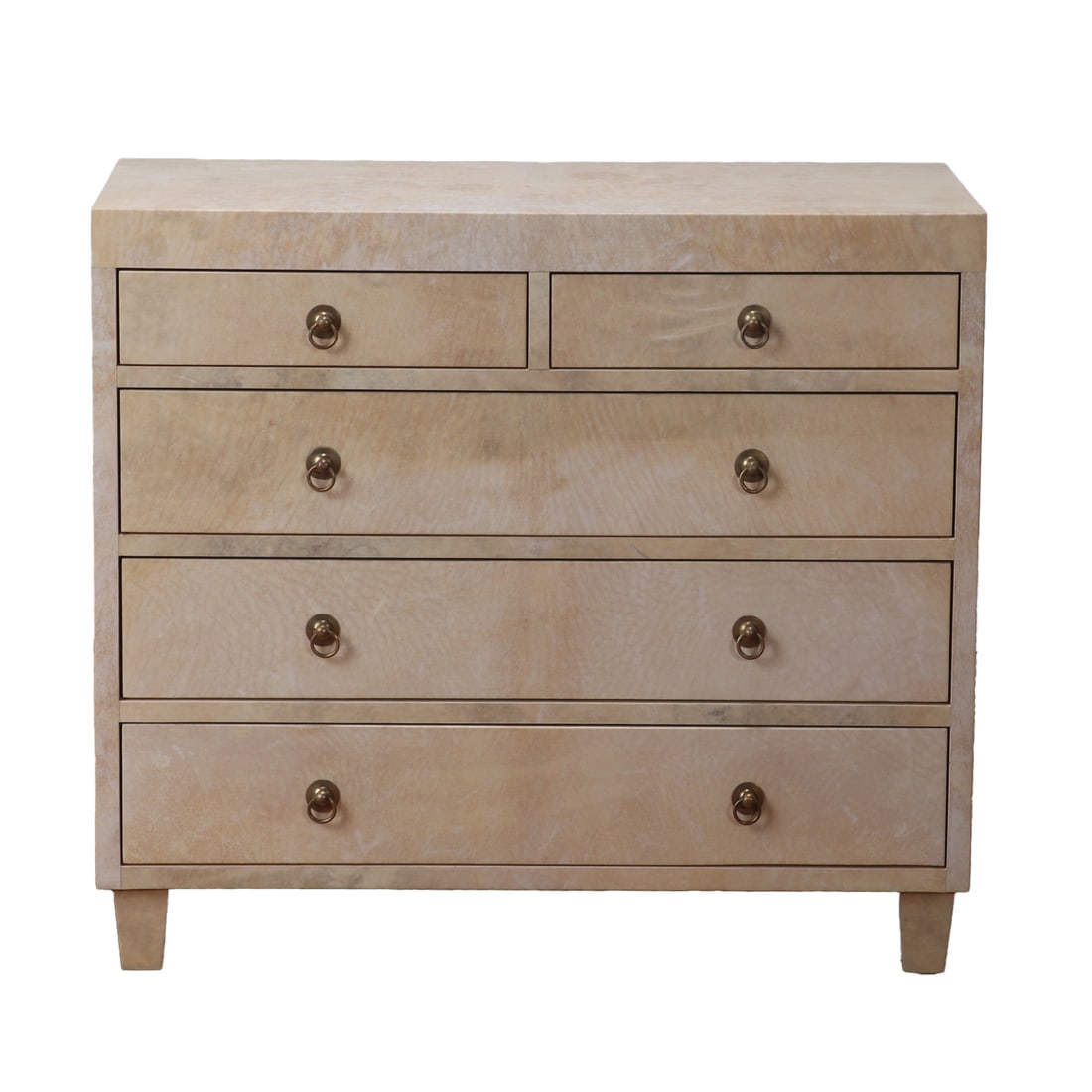 FIVE DRAWER PARCHMENT COVERED DRESSER C 1950.: Five drawer parchment covered dresser C 1950. Ht: 34.75" Wd: 39" Dpth: 18.75"