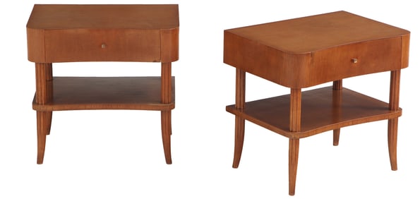 PAIR OF FRENCH MAPLE SINGLE DRAWER TABLES WITH BRASS HANDLES C 1945.