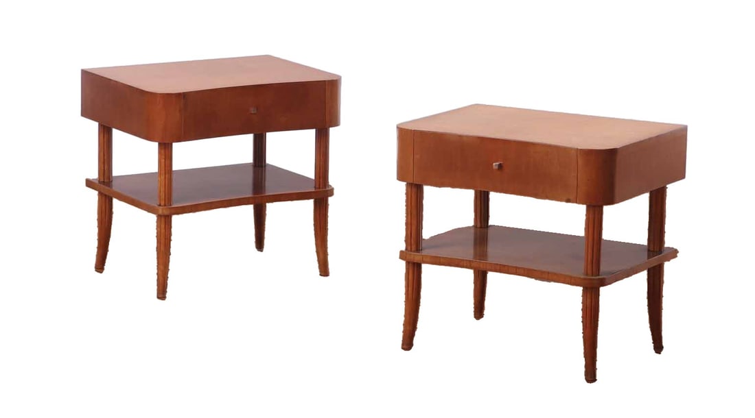 PAIR OF FRENCH MAPLE SINGLE DRAWER TABLES WITH BRASS HANDLES C 1945. (1 of 6)