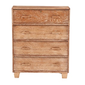 CERUSED OAK CHEST OF DRAWERS C 1940 HAVING A FALL FRONT DESK IN THE TOP DRAWER.